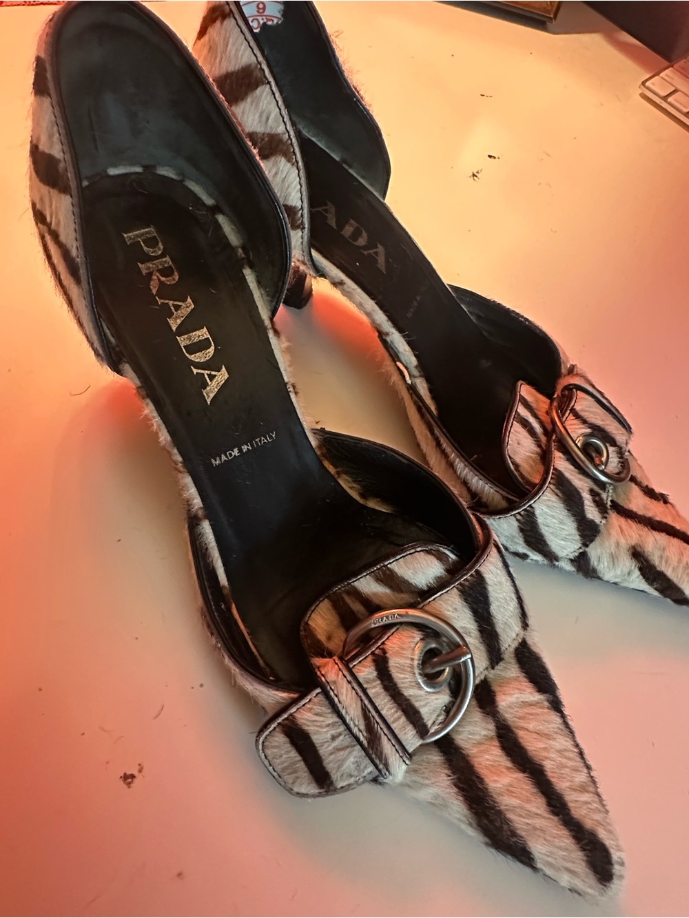 Prada Black & White Zebra-Print Pointed-Toe Buckle Pumps - Picture 3 of 5